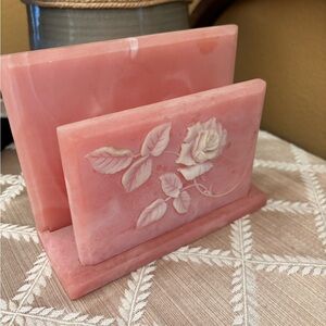 Vintage Pink Incolay Stone Carved White Rose Napkin Or Letter Holder